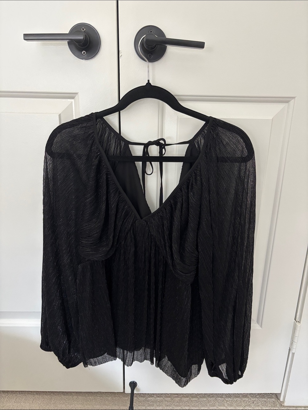 Express Black Sheer V-Neck Blouse with Tie Back